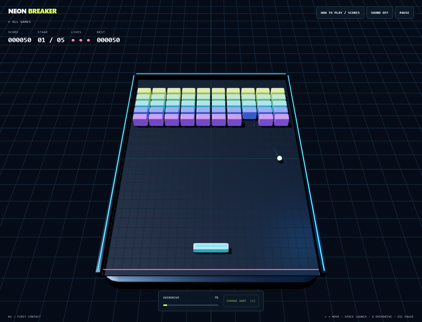Neon Breaker’s colored bricks, energy ball, and cyan paddle