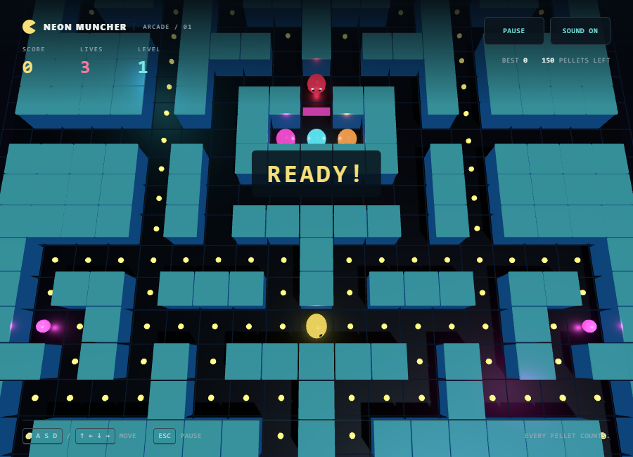 Neon Muncher’s glowing maze, pellets, and ghosts